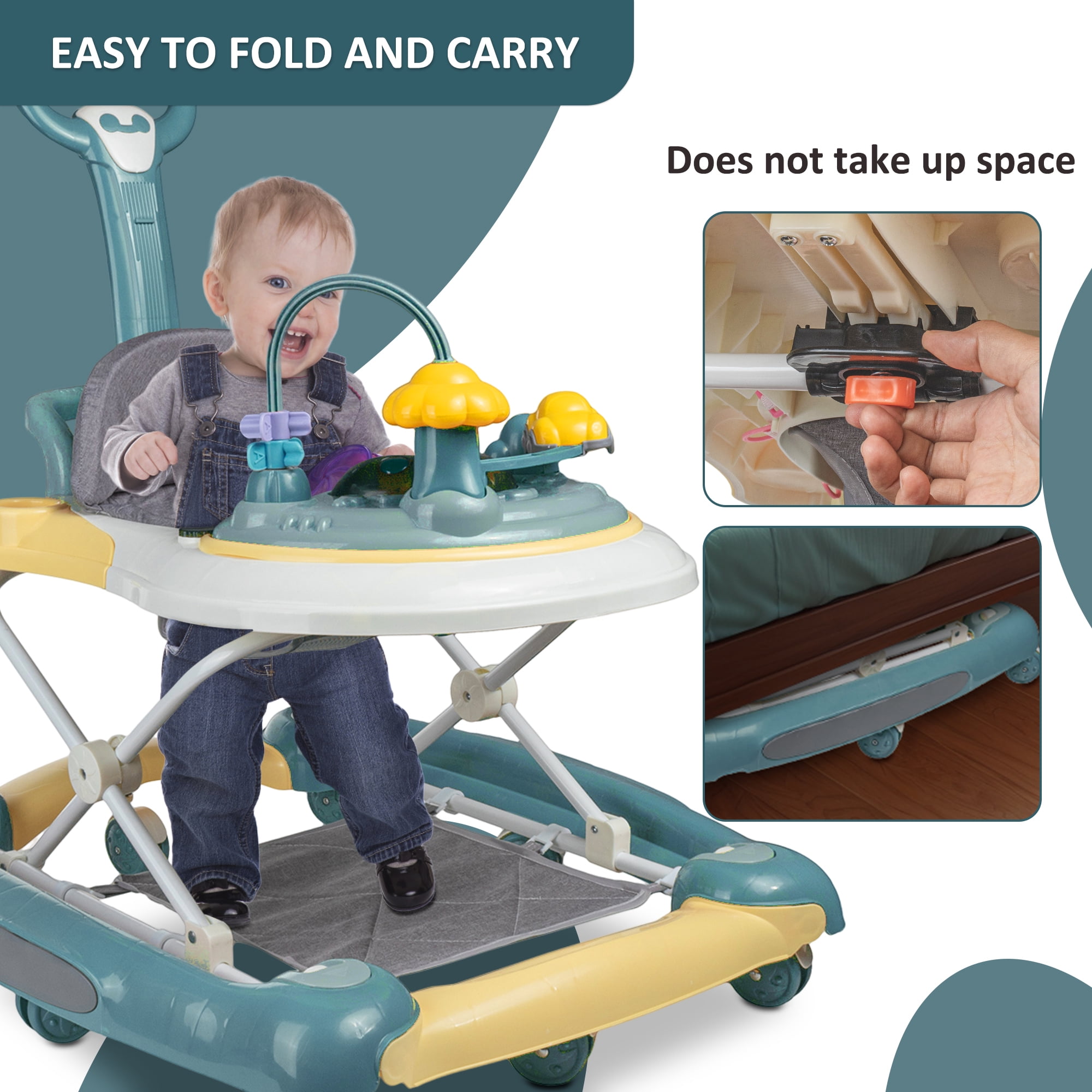 SIMANLI Baby Walker, 4 in 1 Foldable Walkers with Wheels & Removable Feeding Tray & Music Tray, Activity Push Walker for Baby Boys / Girls, Blue