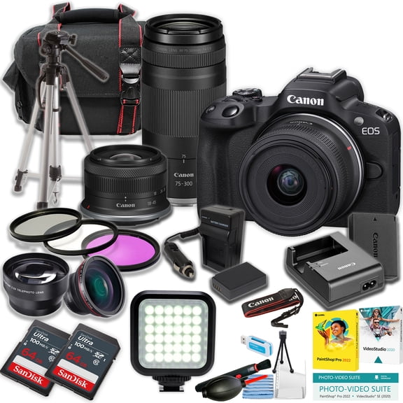 Canon EOS R50 Mirrorless Camera w/18-45mm and RF 75-300mm Lens   2pc SanDisk 64GB Ultra Memory Card   LED Light   Tripod   More (21pc Bundle) (International Version)