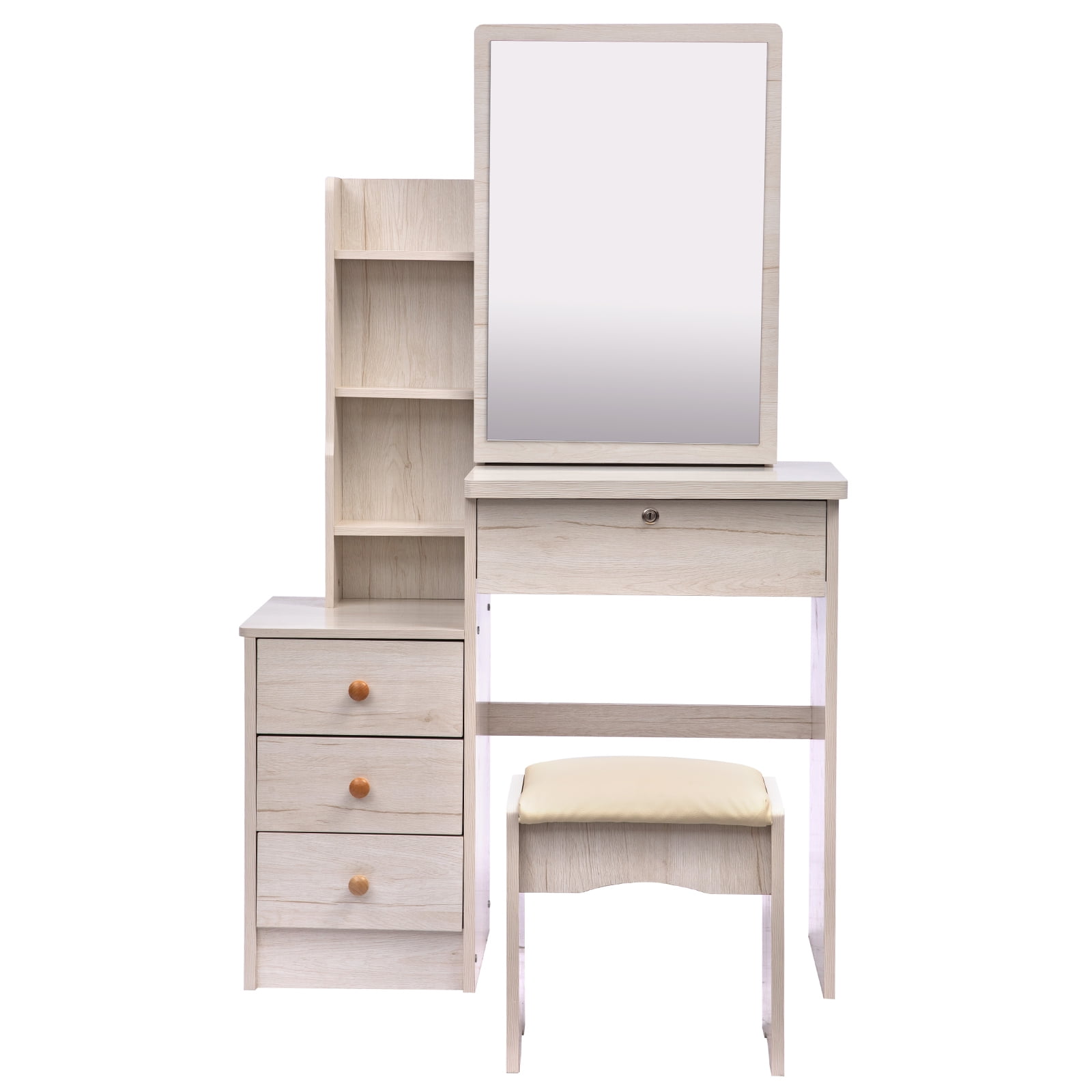 Resenkos Makeup Vanity Set with Mirror Cushioned Stool Open Storage Shelves and 4 Drawers White Oak