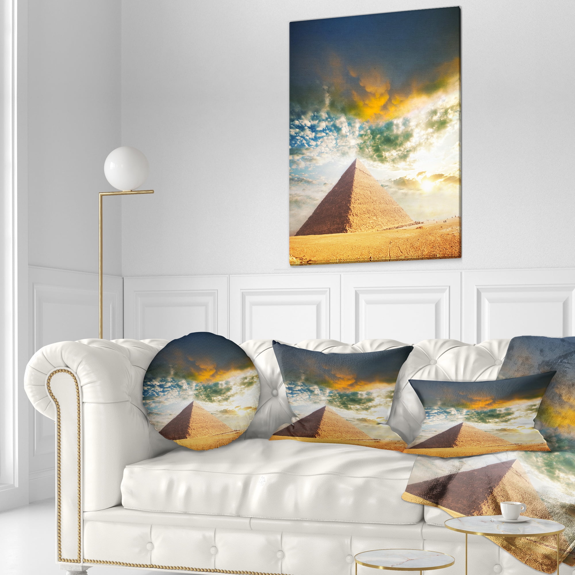 Designart Egyptian Pyramid under Cloudy Skies - Modern Landscape Printed Throw Pillow - 12x20