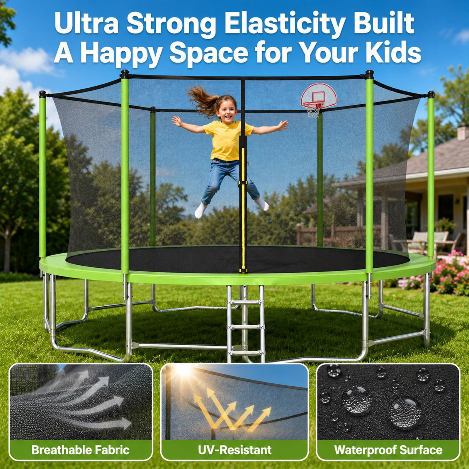 Alvantor 16Ft Trampoline for Kids & Adults, Upgrad Trampolines with Enclosure Net and Basketball Hoop for Backyard Green