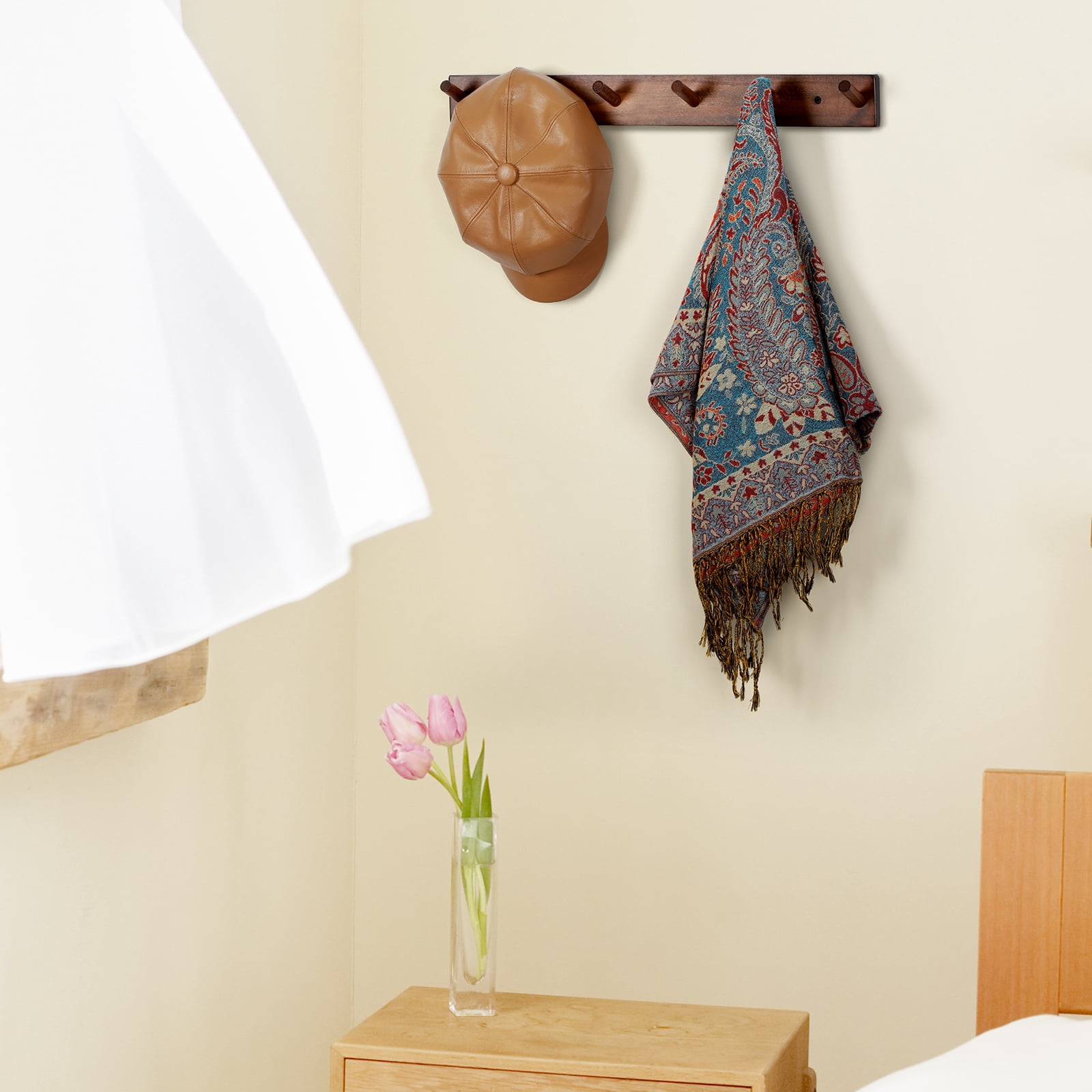 Wall Mounted Wood Coat and Hat Rack, 6 Hooks, Dark Brown