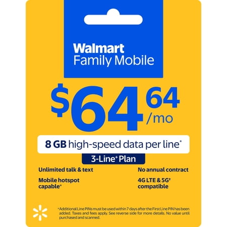 Walmart Family Mobile $64.64 Unlimited Talk & Text 3-Line Monthly Prepaid Plan (8 GB data at High Speed, then 2G*) e-PIN Top Up (Email Delivery)