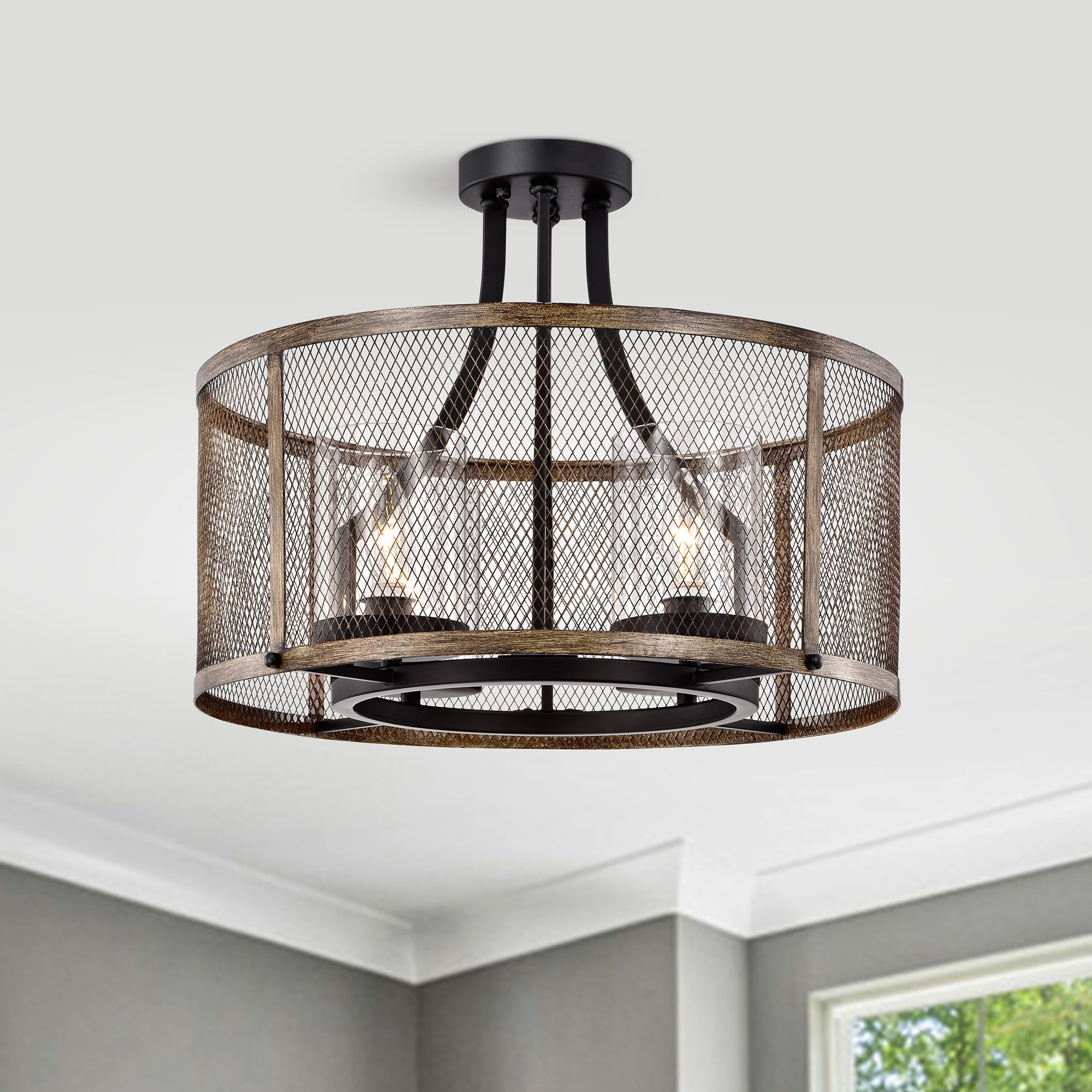 Warehouse of Tiffany Adrian Semi-Flush Mount 4-Light Metal Mesh Drum Shade