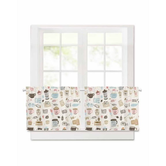 Coffee Cappuccino Short Blackout Curtains 30 Inch Long Cartoon Hand Painted Modern Retro Rod Pocket Kitchen Curtains, 2 Panels Thermal Insulated Room Darkening Drapes for Bedroom, 42"W x 30"L