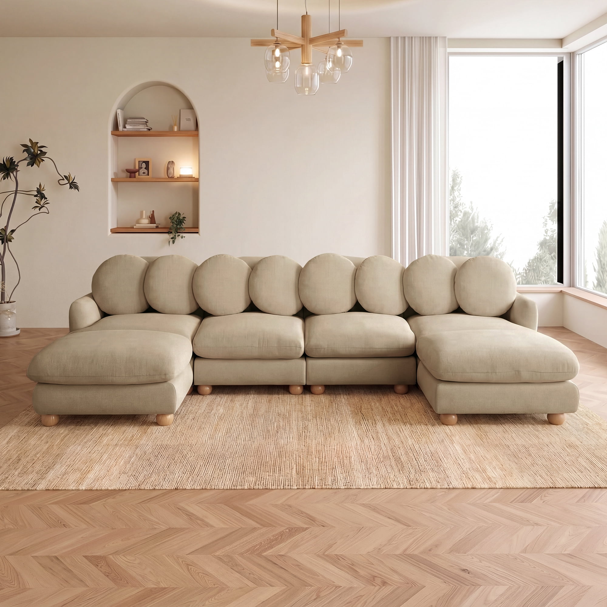 123" U-shaped 6 Seater Chenille Modular Sectional Sofa Couch with 8 Throw Pillows and 2 Ottoman