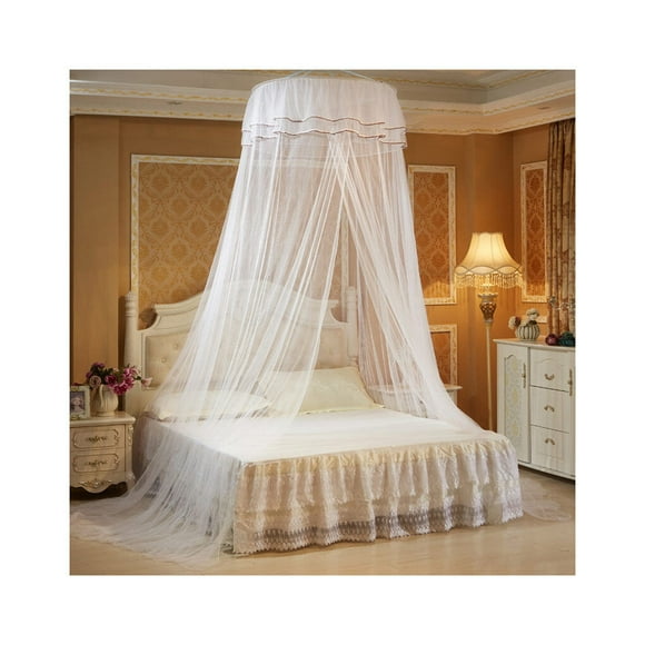 Moustiquaire Ronde à Double Rideau en Dentelle à Auvent de Lit Princesse avec Papillon Lumineux