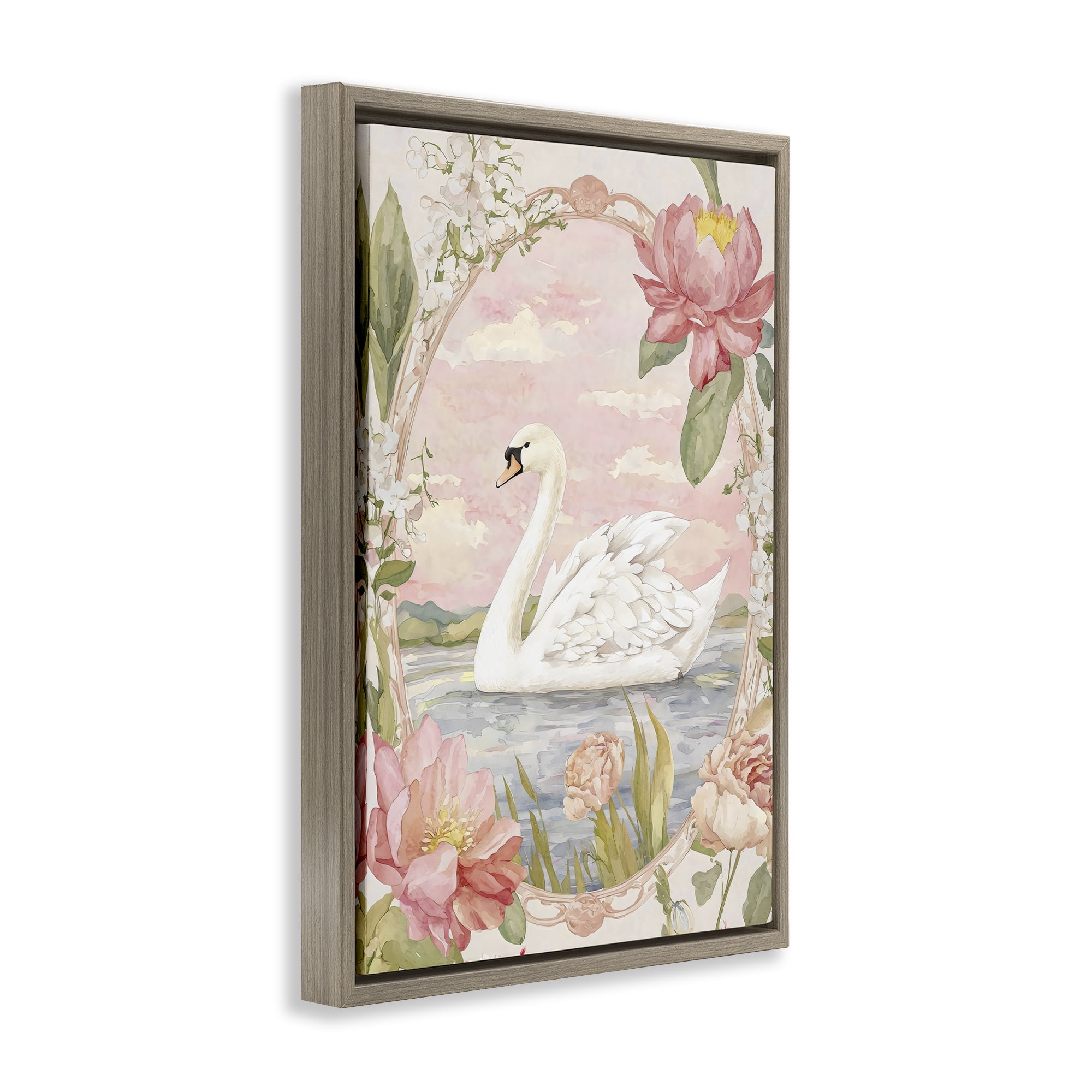 Stupell Industries Floral Border Swan in Bloom Brown Framed Floater Canvas Wall Art, design by Creative Studio