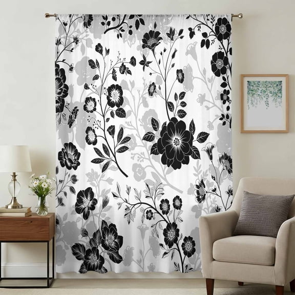 Vintage Flowers Sheer Curtains 108" Extra Long, Black White Farmhouse Floral Plants Light Filering Curtains, Privacy Drapes Simi Floor to Veiling Curtain for Living Room Bedroom Window Treatment