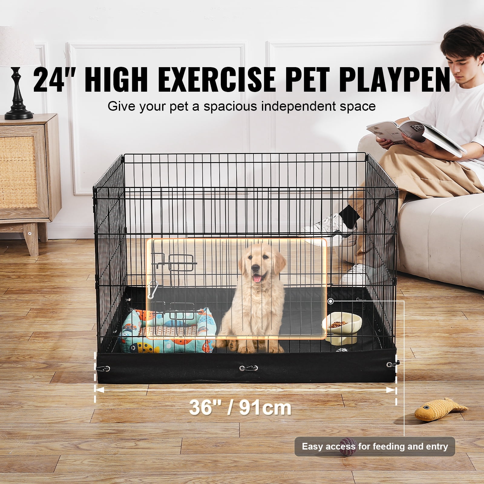 KFFKFF Pet Enclosure, 4 Panels Dog Playpen with Mat, 24"H x 36"W Collapsible Iron Animal Activity Area, Indoor and Outdoor Canine Barrier with Gate