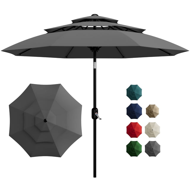 Garvee 10ft 3-Tier Vented Patio Umbrella, 8 Sturdy Ribs, Crank Lift, Push Button Tilt, Gray