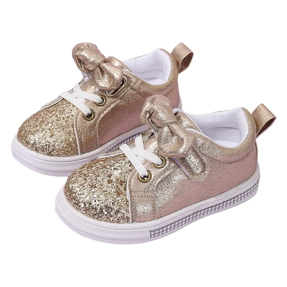 Toddler Girls Tennis Shoes Sparkly Sequin Hook and Loop Bowtie Princess Dress Shoes Casual Solid Color Flat Sneakers Gold 6.5 Toddler