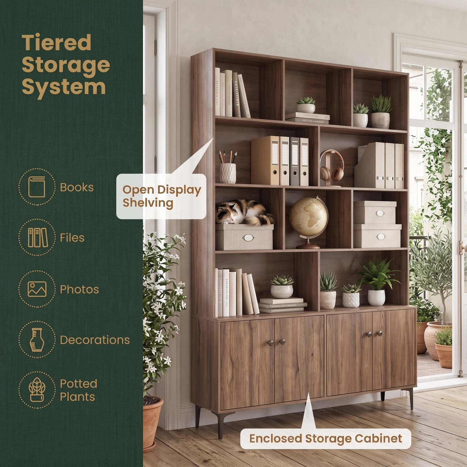 Furnibear 68.5" Tall Bookshelf with 4 Doors and Open Display Shelves, Freestanding Bookcase Storage Cabinet with Anti-Tipping Kits and Metal Legs for Home, Walnut