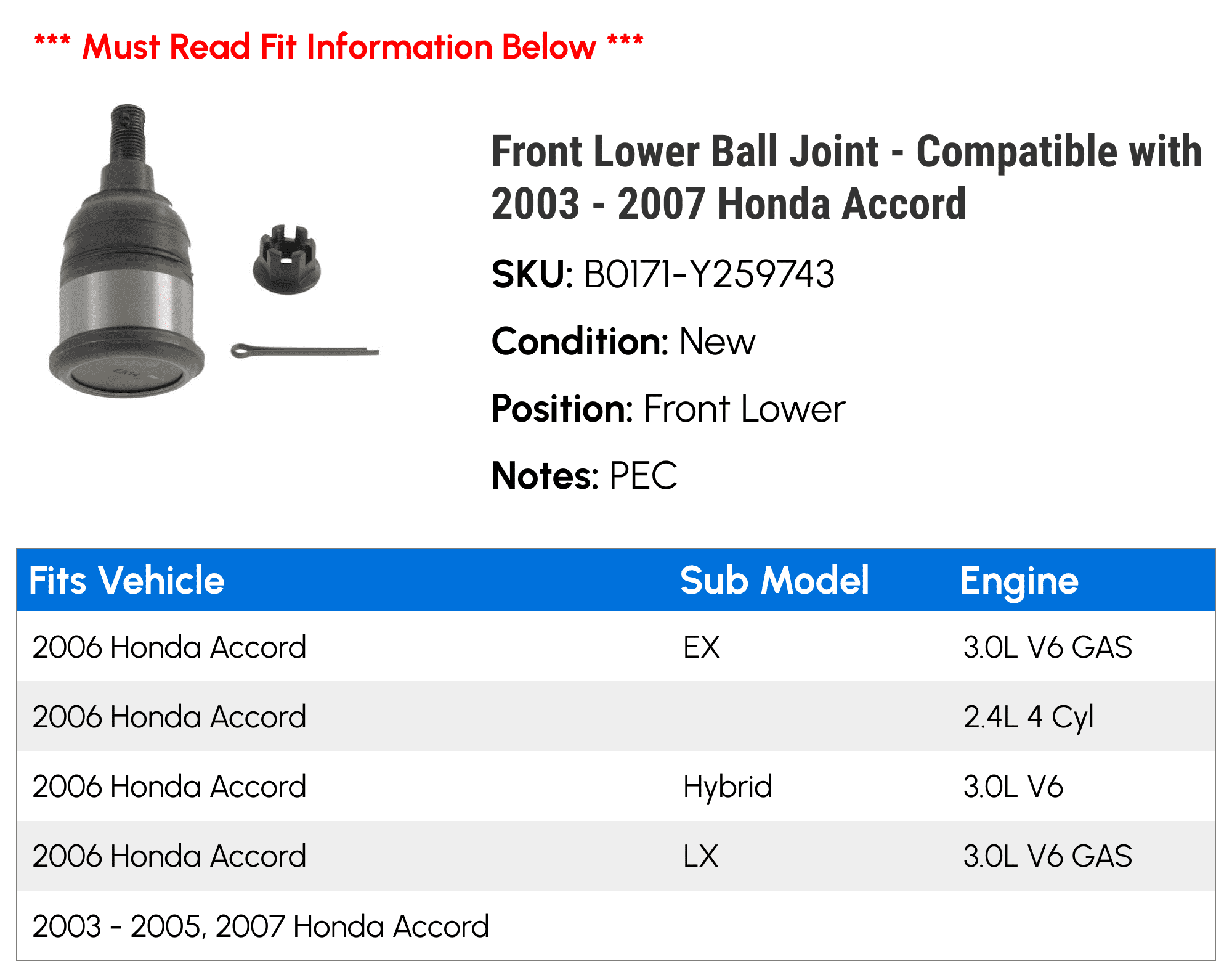 Front Lower Ball Joint - Compatible with 2003 - 2007 Honda Accord 2004 2005 2006