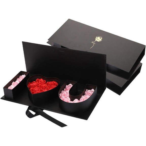 2Pcs Valentine’s Day "I HEART U" Flower Gift Boxes, Large Letter-Shaped Gift Box with Ribbon, Fillable for Roses, Chocolates, Wedding, Bridal Shower,Anniversary,Birthday,Romantic Party Favors (Black)