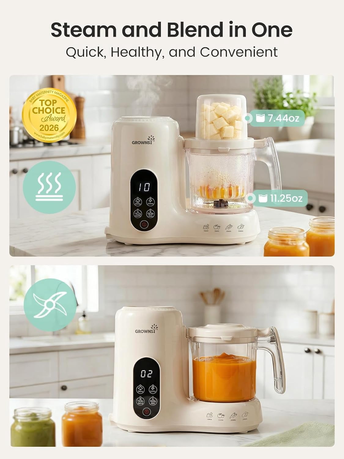 Grownsy Baby Food Maker with Dual-Layer Steam Basket | Baby Food Processor for Starting Solids & Babies 6+ Months | Steamer Blender & Puree Machine for Healthy Homemade Baby Food, BPA-Free,Cream