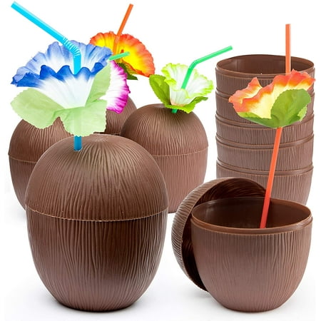 Prextex Coconut Cups for Hawaiian Luau Kids Party with Hibiscus Flower Straws | Improved Twist-Close Lids | 18 pack