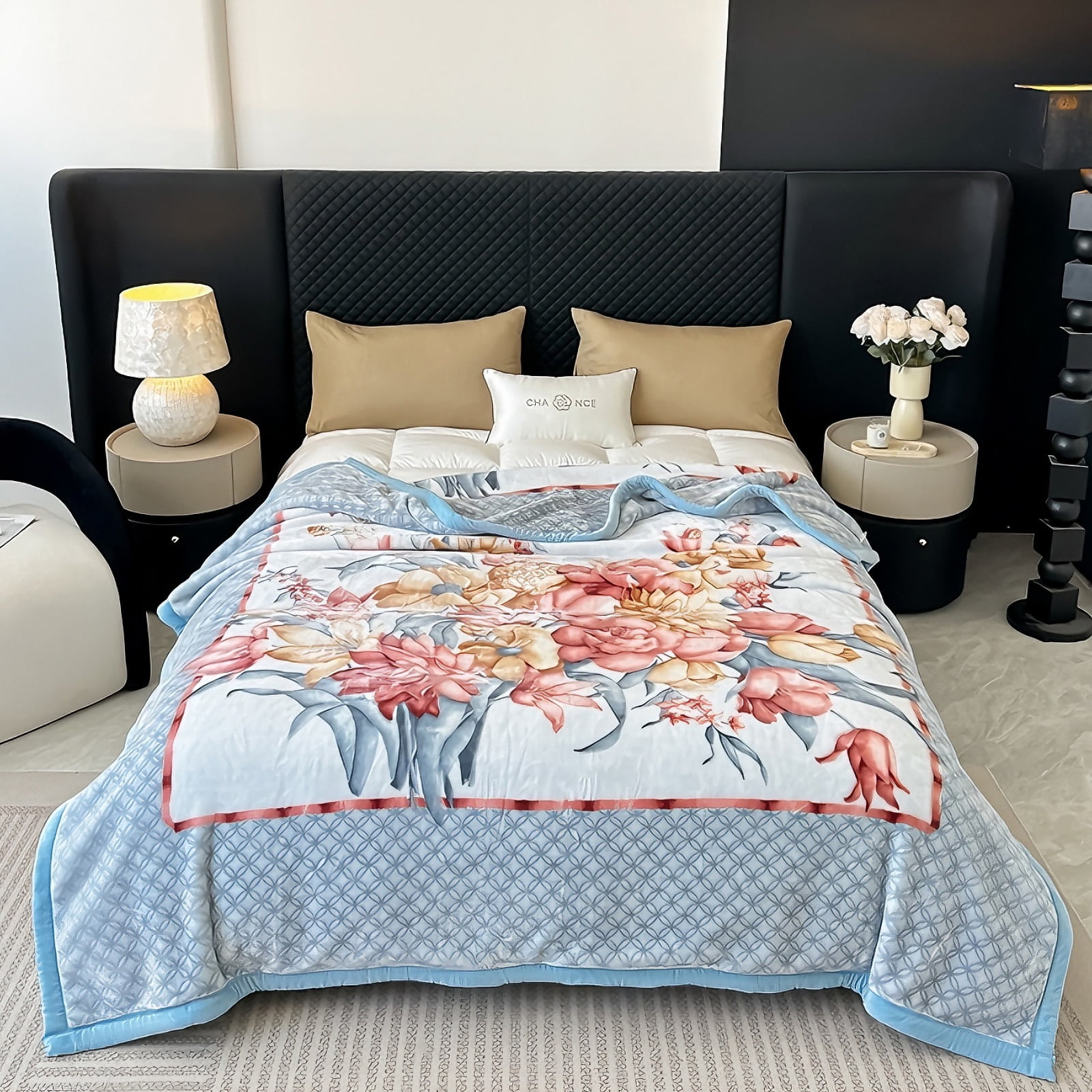 WOOW DEPOT Thick Fleece Twin Bed Blanket Reversible, 1 PCS Peony Flower Printed 59" x 78.7" Soft Warm Mink Blanket Luxurious 4.41 lb Heavy, Blue