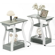 End Table Set of with Charging Station Side Table with Ports and Outlets Nightstand End Table with Storage Shelf for Living Room Bedroom