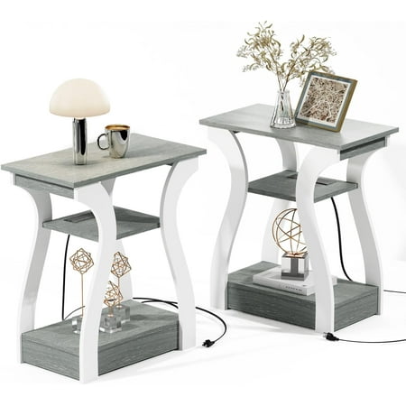 End Table Set of with Charging Station Side Table with Ports and Outlets Nightstand End Table with Storage Shelf for Living Room Bedroom