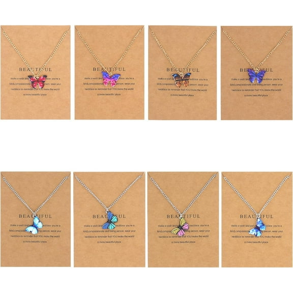 8pcs Colorful Butterfly Pendant Necklace Set, Boho Make A Wish Greeting Card Dainty Choker Necklace, Y2k Graduation Party Accessories Jewelry Gift