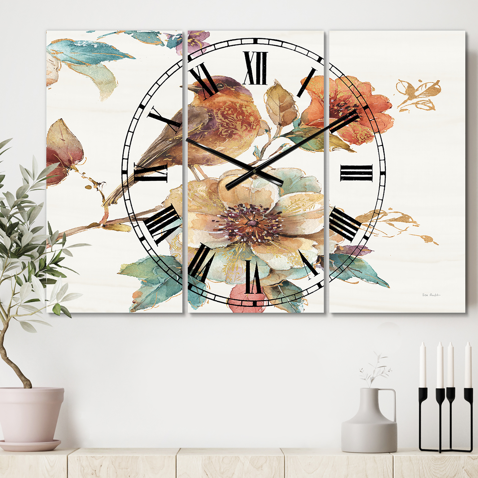 Designart 'Farmhouse Bird on Flower Branch' Farmhouse Wall Clock