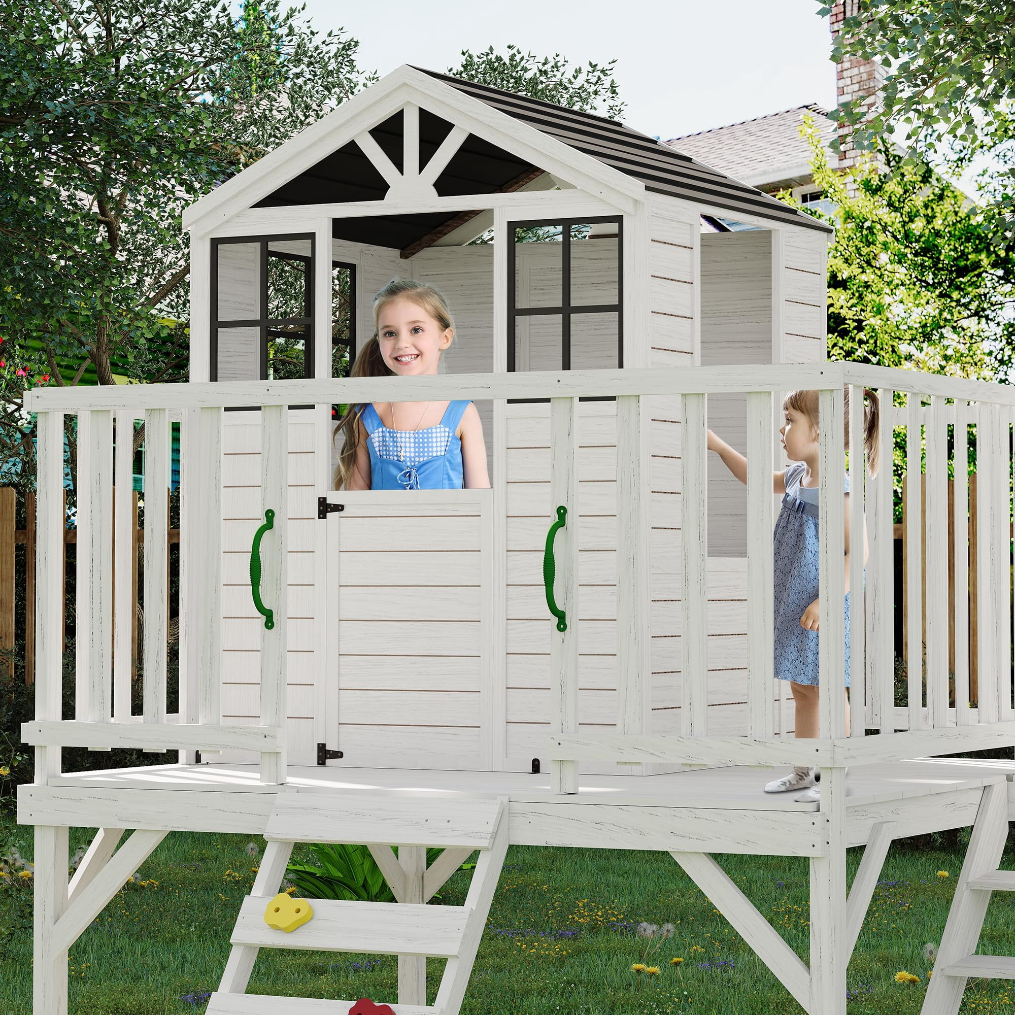 Danolapsi Kids Outdoor Playhouse with Climbing Wall, 2 Story Wooden Playhouse with Sandbox, Elevated Cedar Wooden Kids Playhouse with Step Ladder(ship in 3 boxes)