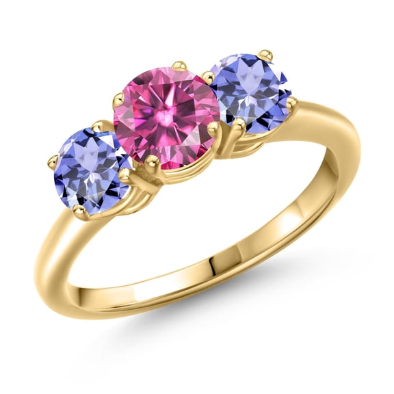 Gem Stone King 18K Yellow Gold Plated Silver Pink Moissanite and Blue Tanzanite Engagement Ring for Women | 1.72 Cttw | Round 6MM | Gemstone Birthstone | Size 6