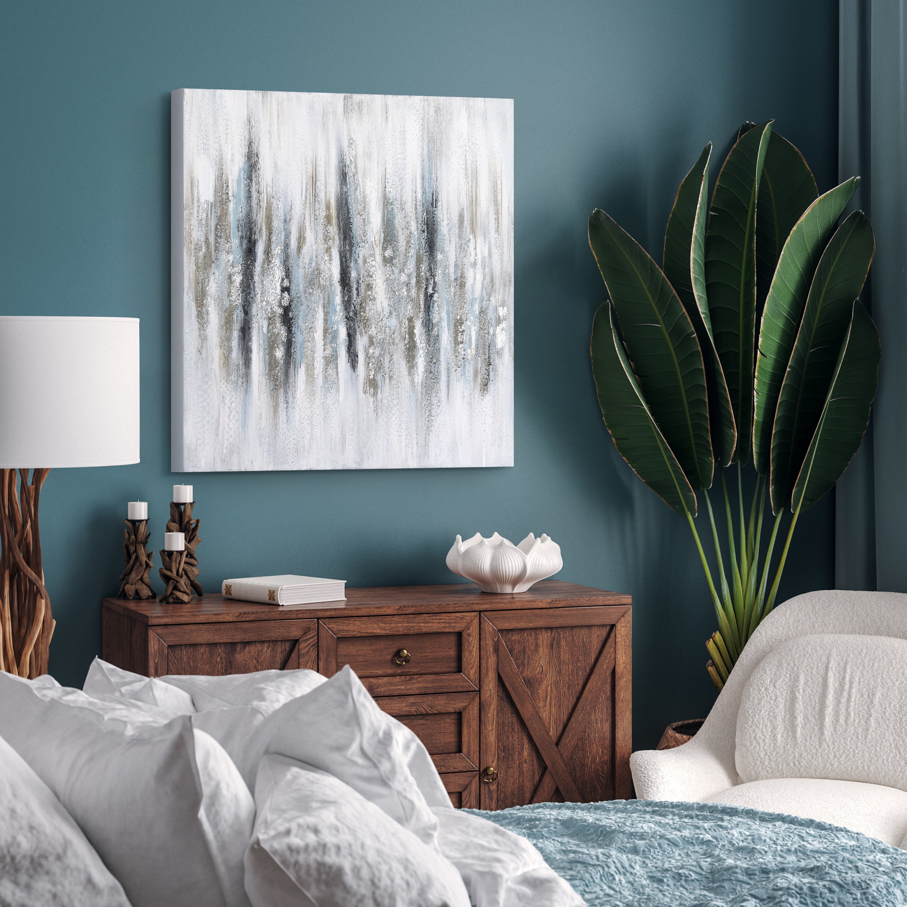 Silver Echoes Textured Hand Painted Framless Canvas Wall Art with Silver Glitter and Silver Leaf