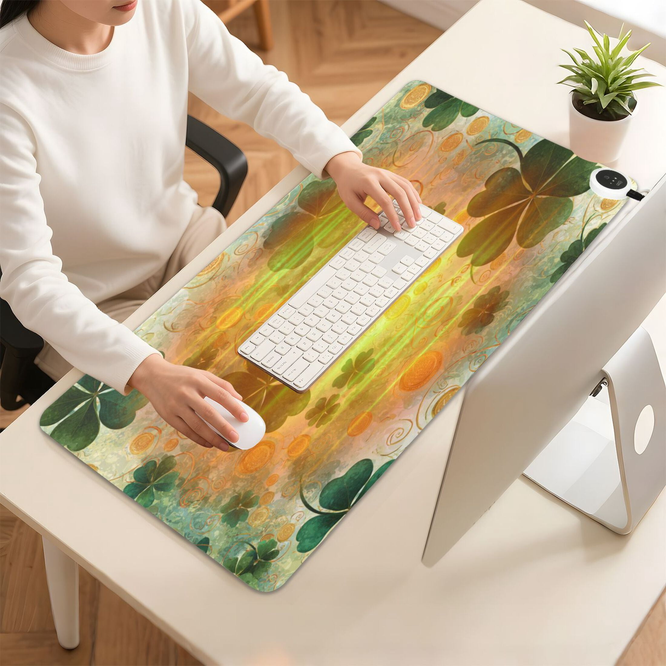 Large Heated Desk Mat Mouse Pad 31.5"x13"PU Leather Graphene Heating Desk Warmer with 3 Temperature Settings 110V US Plug Non-Slip Warm Pad for Home, Office, and Gaming Lucky Clover Coin Pattern