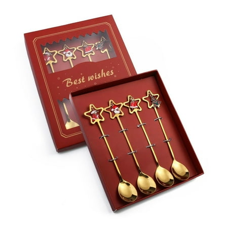 

JULYING 4pcs Christmas Coffee Spoons Set Stainless Steel Dessert Spoon Tableware Xmas