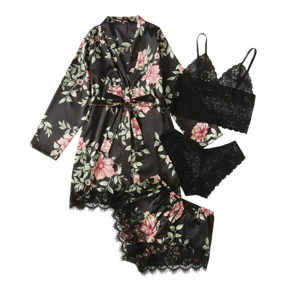 WEAIXIMIUNG 3X Nightgowns for Women Plus Size Silk Pajamas for Women Set 4 Piece Satin Sleepwear Classic Button Down Short Sleeve Pj Set Cute Loungewear
