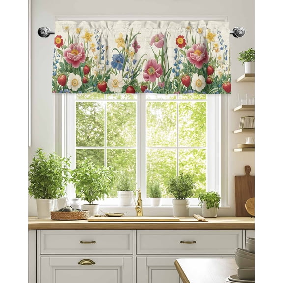 Window Valance for Kitchen, Spring Flower Strawberry Green Leaves Rod Pocket Curtain Valances Short Curtains Drapes Panel, Peonies Floral Retro Stamp Window Treatment Topper for Bedroom 54x18in