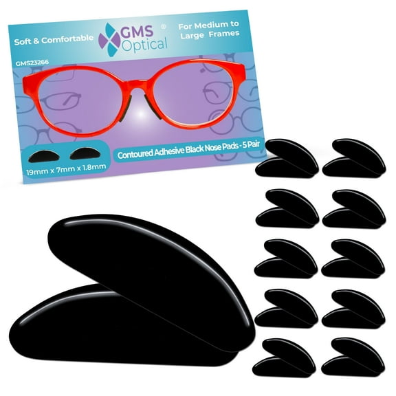 GMS Optical Contoured Adhesive Silicone Nose Pads for Glasses – 18mm Length, 2.5mm Thick, Anti-Slip Backing ( 5 Pair, Black)