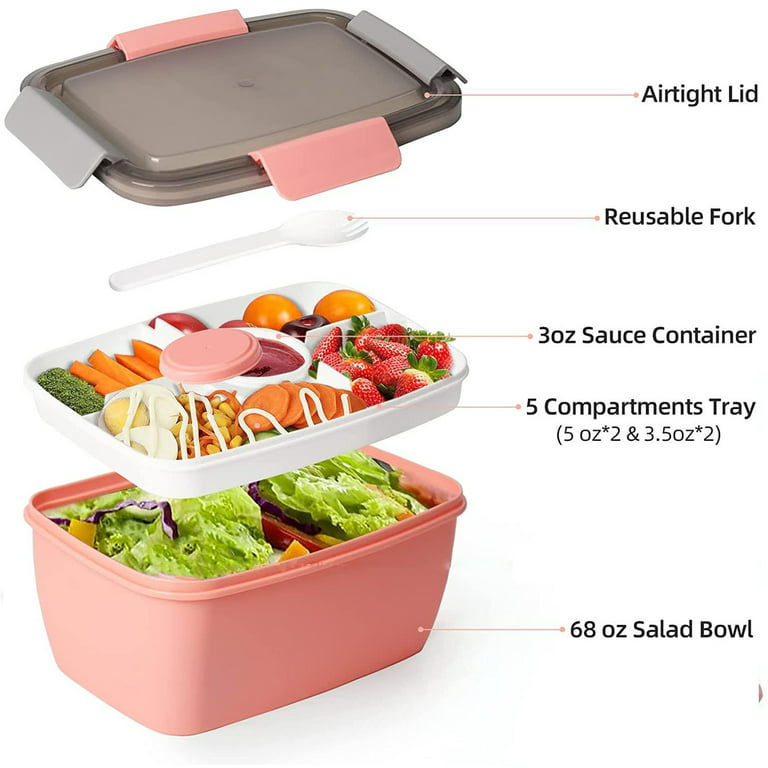 68-oz Salad Bento Box for Adults and Kids,Bento Lunch Box 68 oz Salad Bowl  with 5-Compartment,Lunch Box Container with 1pcs Salad Dressing Container