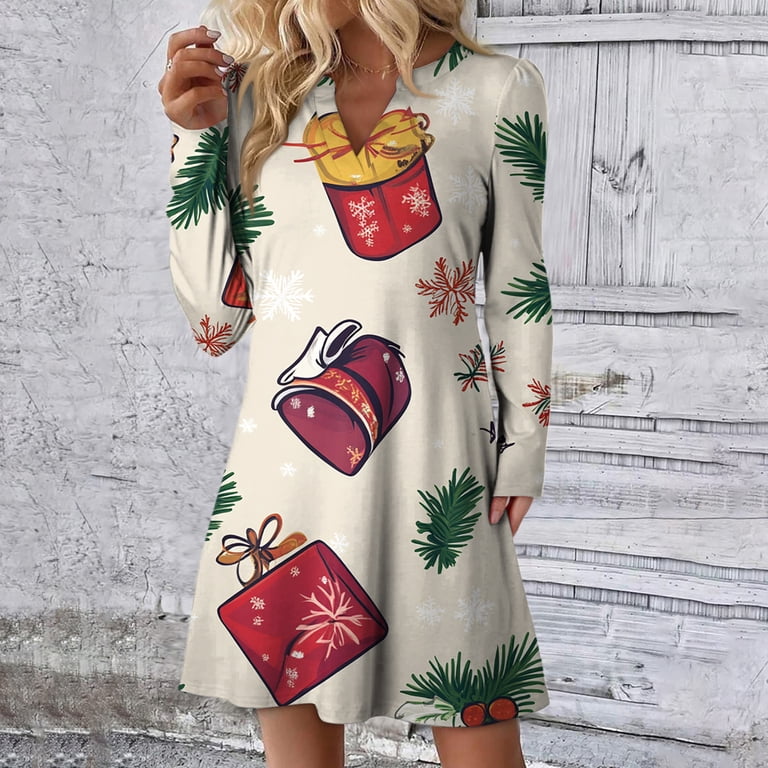 Wtobby Women's Holiday Printed Dress Loose V-Neck Long Sleeve Casual Christmas Party Wear with Festive Theme Pattern for Seasonal Occasions,Light Blue