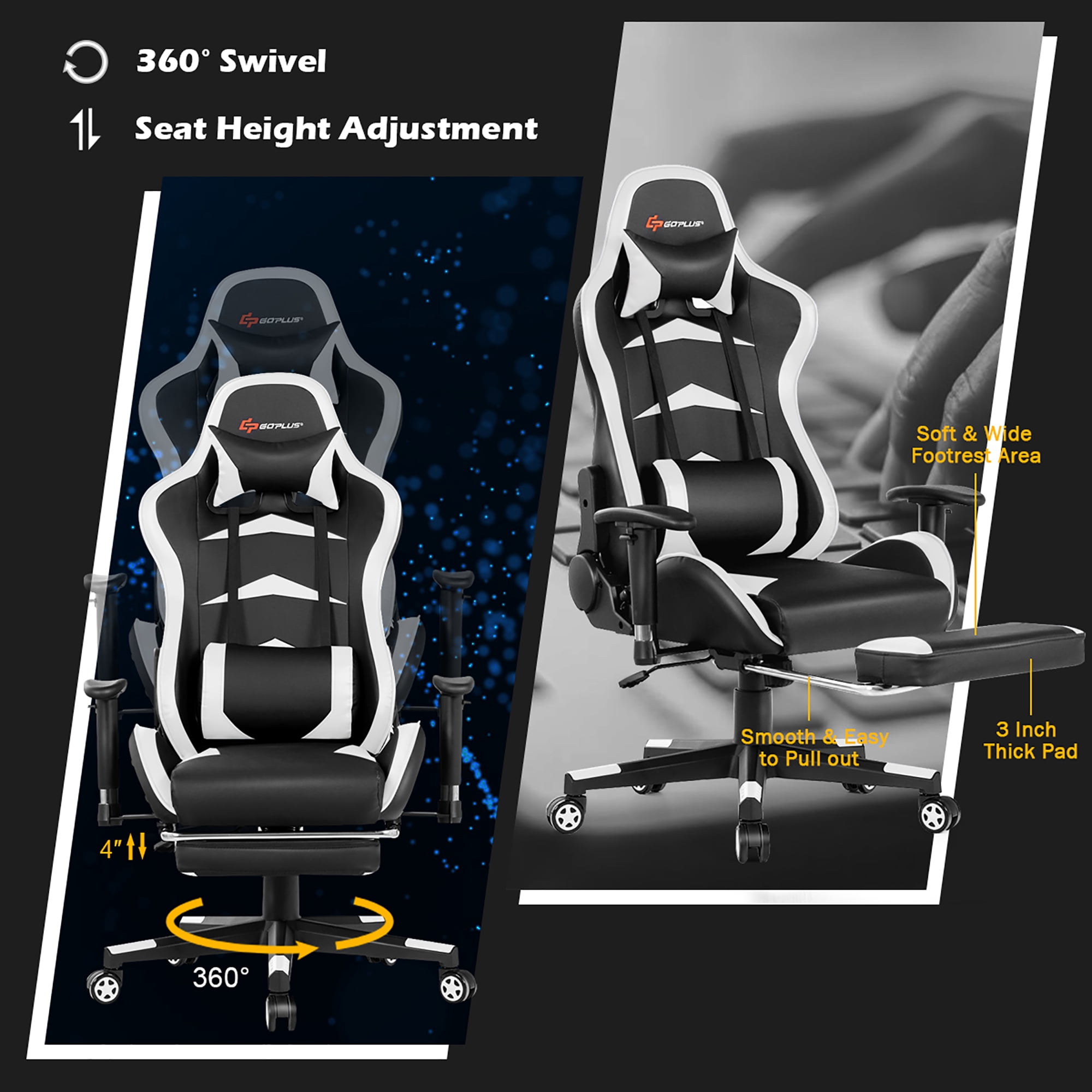 Costway Adjustable High Back Racing Gaming Chair with Footrest and Lumbar Massage, White