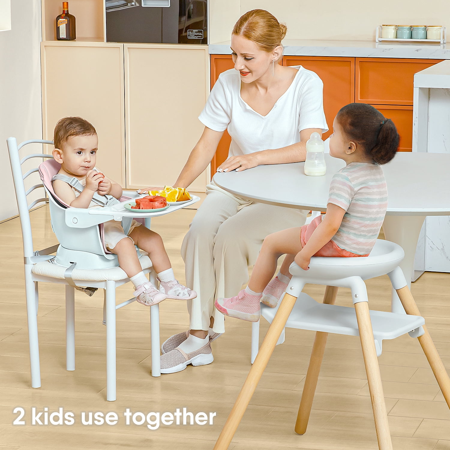 Babyomi Convertible High Chair for 2 Babies, 11-in-1 Wooden Booster with Double Easy-Clean Trays & PU Cushion, (Pink)