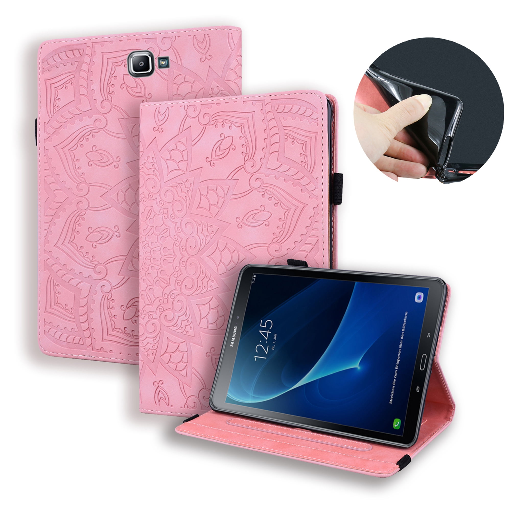 Dteck Embossed Case For Samsung Galaxy Tab A6 10.1 2016 (SM-T580 T585 3D Embossed PU Leather Flip Stand Cover Wallet Case Built-in 4 Card Slots, Pencil Holder, Multi-angels Viewing, Pink -
