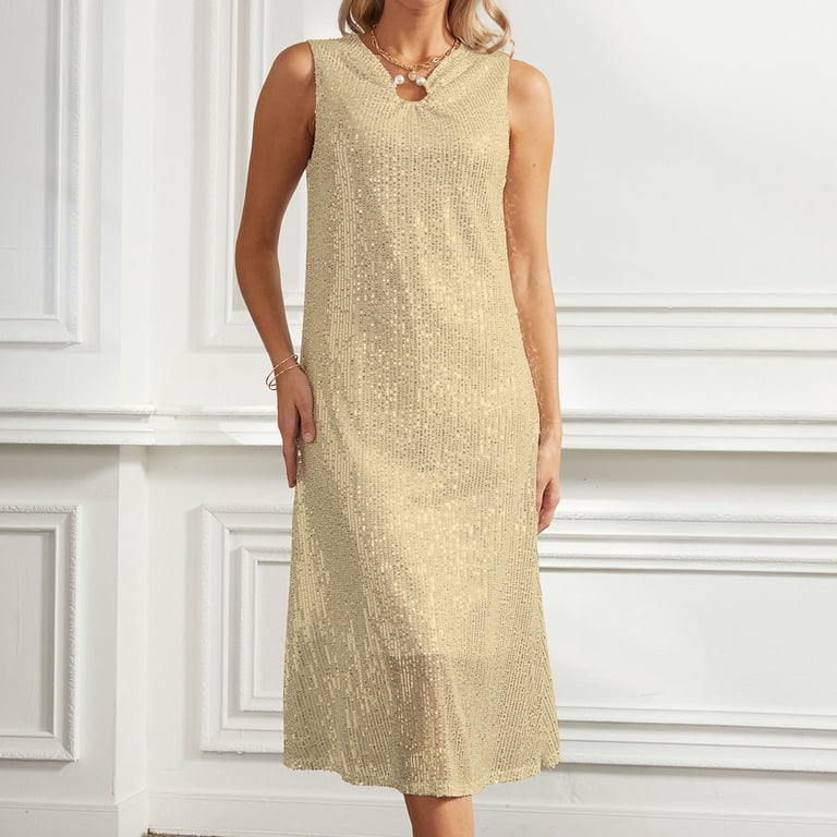 Besolor Womens Sequin Gowns Dress Round Neck Sleeveless Sparkly Glitter  A-Line Cocktail Party Midi Dresses - Walmart.com