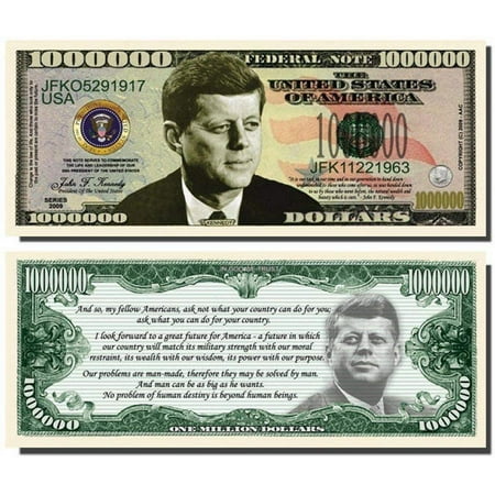 5 John F. Kennedy Million Dollar Bills with Bonus “Thanks a Million” Gift Card