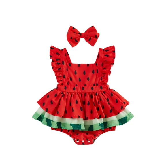 Cenuakty Girl Watermelon Print Fly Sleeve Romper with Bowknot Hairband Summer Clothes