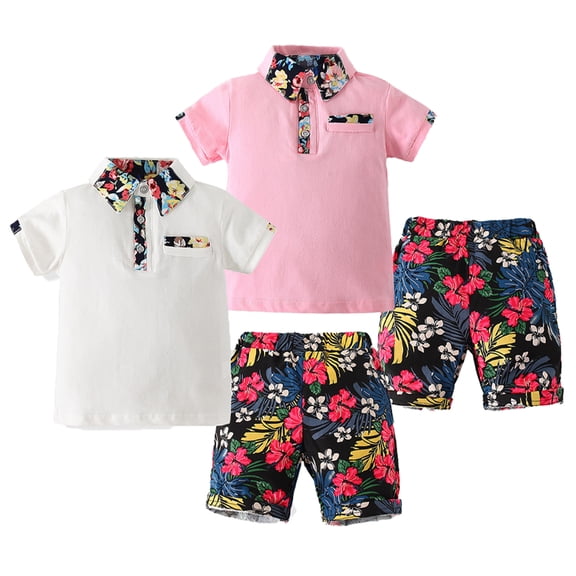 LYMAYTER 2-8Y Toddler Baby Boys Short Sleeve Lapel Shirt Elastic Waist Shorts 2PCS Floral Gentleman Suits Kids Summer Hawaiian Shorts Sets