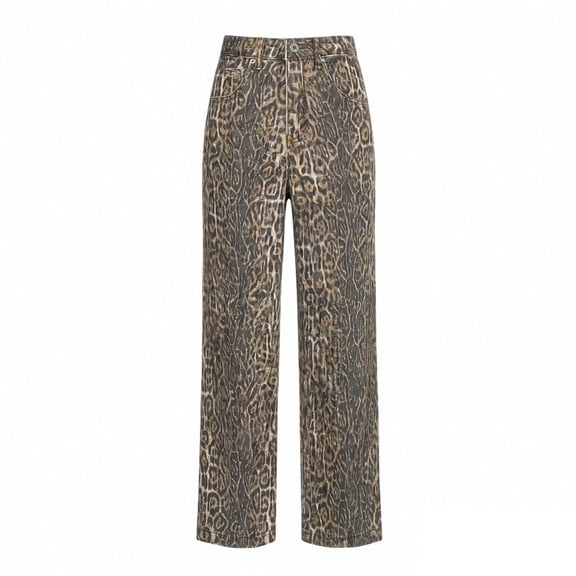 uvwlwu Women Leopard Print Denim Pants High Waist Straight Leg Casual Fashion Trousers with Classic Pockets for Daily Outfits,L