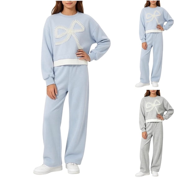 Stamzod Kids Clothes Girls Fall Winter Outfits 2 Piece Sweet Bow Long Sleeve Crewneck Sweatshirt and Sweatpants Casual Girls' Clothing Sets Gray Q 13-14Years