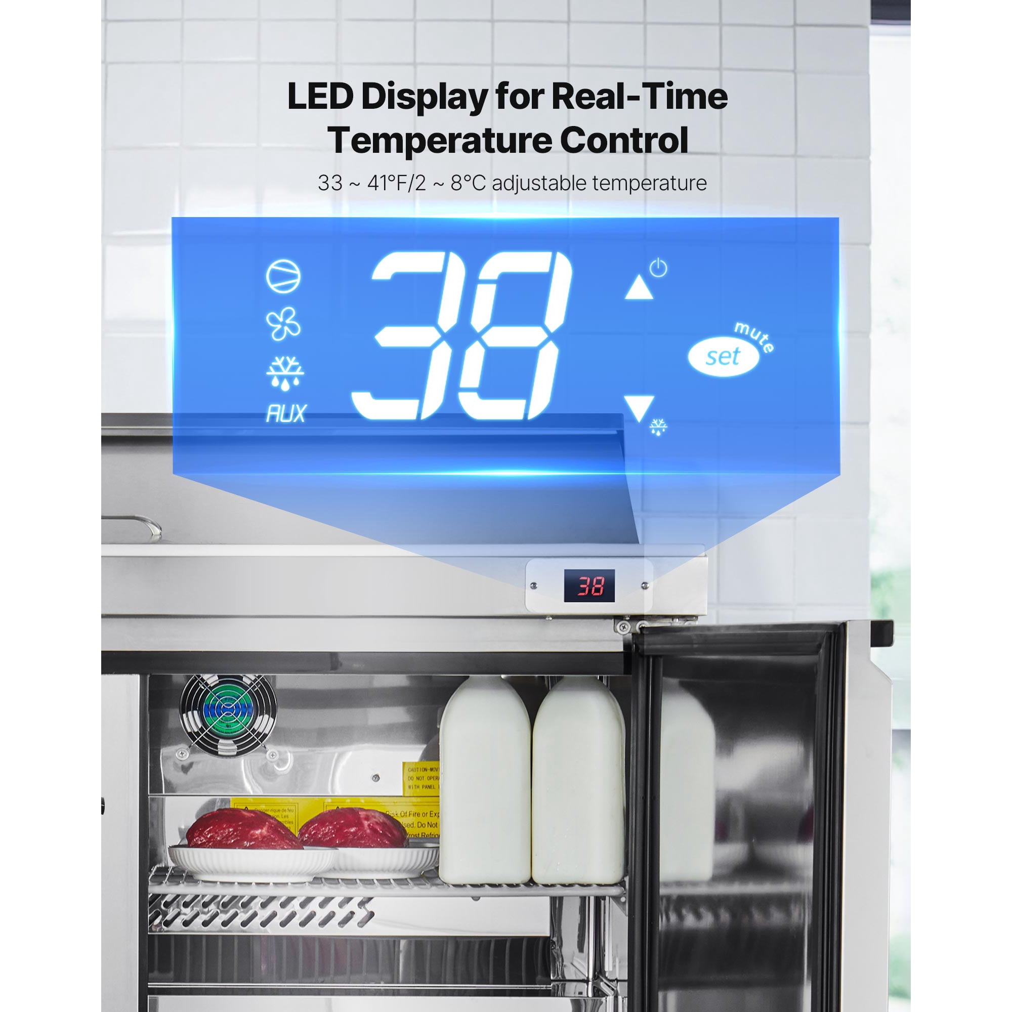 KFFKFF 48'' Wide Commercial Salad Bar Refrigerator, Refrigerated Sandwich Salad Prep Table with 2 Doors, Stainless Steel Prep Fridge for Commercial Kitchen Restaurant 12.5 Cu. Ft