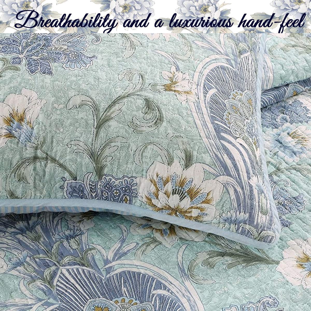 Cozy Line Jasmine Floral Porcelain Garden Vase 100% Cotton 3-Piece Reversible Quilt Set, Queen Set