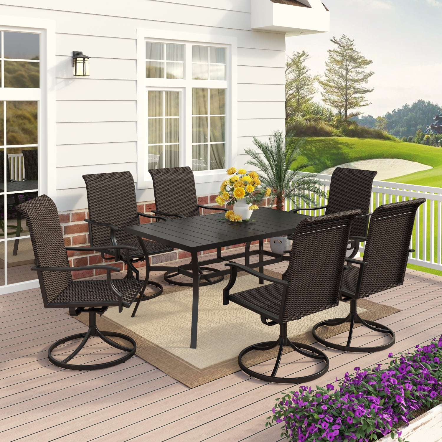 MF Studio 7 PCS Patio Dinning Set with 6 Rattan Swivel Chairs