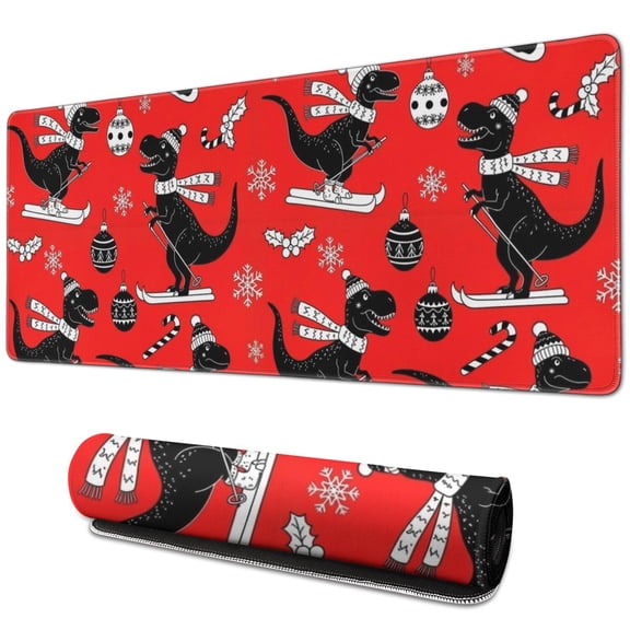 Long Mouse Pads for Desk,Red Cartoon Dinosaurs Skiing Pattern Desk Mats on Top Of Desks, Desk Mouse Pad Extra Large with 3mm Non-Slip Base and Stitched Edge for Gaming,Office,Work,Home 31.5"x11.8"
