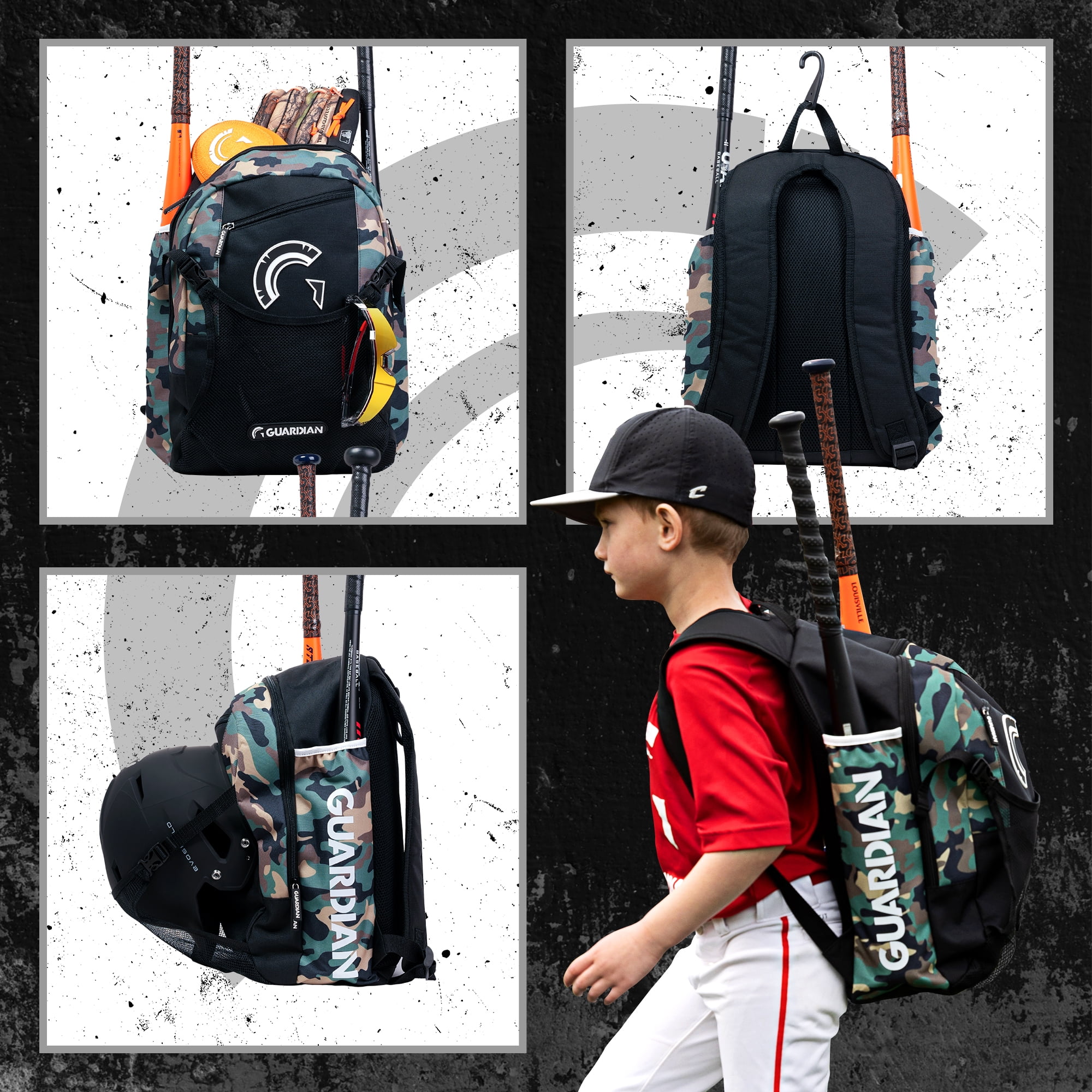 Guardian Baseball Backpack for Youth, Softball Bag for Girls, Durable Bat Bags Baseball Youth Boys and Girls, TBall Bag – Includes Hook to Hang on Fence - Army Camo